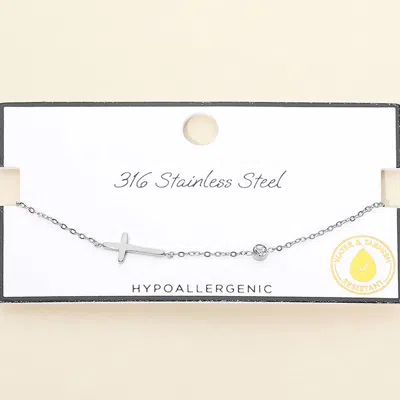Fashnzfab Secret Box_stainless Steel Cross Charm Stone Bezel Link Bracelet In Silver