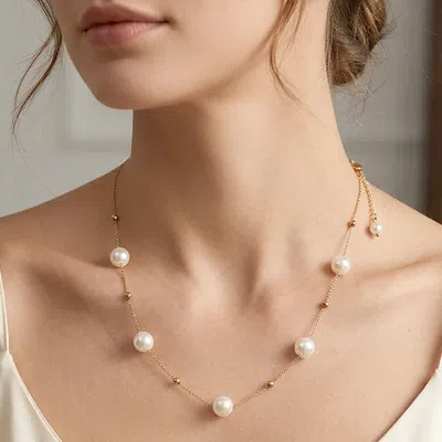 Fashnzfab Secret Box_stainless Steel Elegant Pearl Station Necklace In Gold