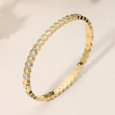 Fashnzfab Secret Box_stainless Steel Hexagon Stone Bezel Around Hinged Bangle Bracelet In Gold
