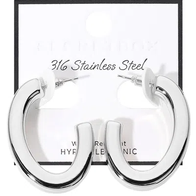 Fashnzfab Secret Box_stainless Steel Hypoallergenic Oval Hoop Earrings - Rhodium In Silver