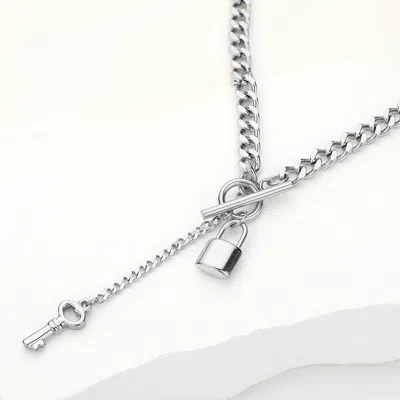 Fashnzfab Secret Box_stainless Steel Key And Lock Toggle Chain Necklace - Rhodium In Silver