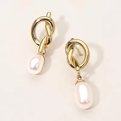Fashnzfab Secret Box_stainless Steel Knot Pearl Drop Earrings In Gold