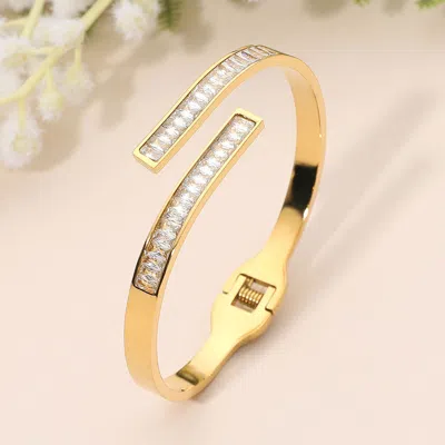 Fashnzfab Secret Box_stainless Steel Marquise Stone Insert Wrap Hinged Bangle Bracelet - Gold