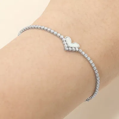 Fashnzfab Secret Box_stainless Steel Mother Of Pearl Heart Accent Tennis Chain Adjustable Cinch Pull Tie Brace In Metallic