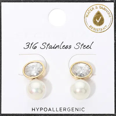 Fashnzfab Secret Box_stainless Steel Oval Crystal Pearl Drop Earrings In Gold
