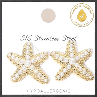 Fashnzfab Secret Box_stainless Steel Pearl Starfish Stud Earrings In Gold