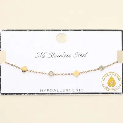 Fashnzfab Secret Box_stainless Steel Quatrefoil Stone Bezel Station Chain Bracelet In Gold
