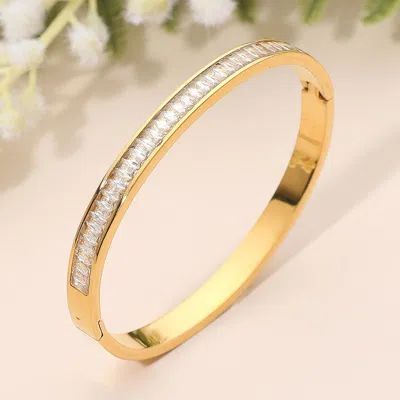 Fashnzfab Secret Box_stainless Steel Rhinestone Insert Hinged Bangle Bracelet - Gold