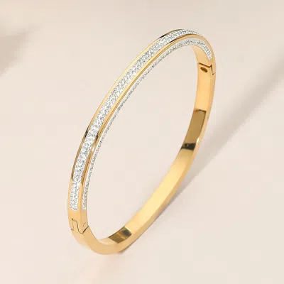 Fashnzfab Secret Box_stainless Steel Rhinestone Pave Accent Slim Hinged Bangle Bracelet In Gold