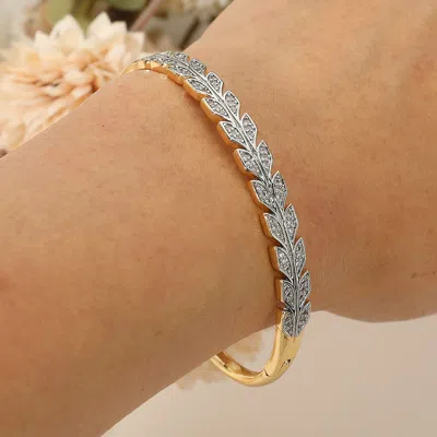 Fashnzfab Secret Box_stainless Steel Rhinestone Pave Leaf Motif Hinged Bangle Bracelet Gold