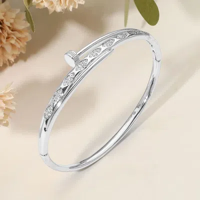 Fashnzfab Secret Box_stainless Steel Rhinestone Pave Marquise Accent Nailhead Hinged Bangle Bracelet In Metallic