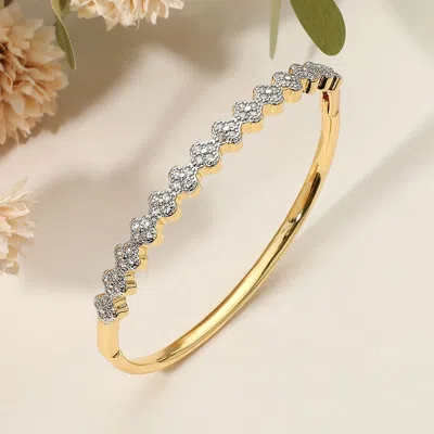 Fashnzfab Secret Box_stainless Steel Rhinestone Pave Quatrefoil Hinged Bangle Bracelet Gold