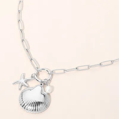 Fashnzfab Secret Box_stainless Steel Seashell Starfish Pearl Charm Toggle Pendant Paperclip Chain Necklace In Silver