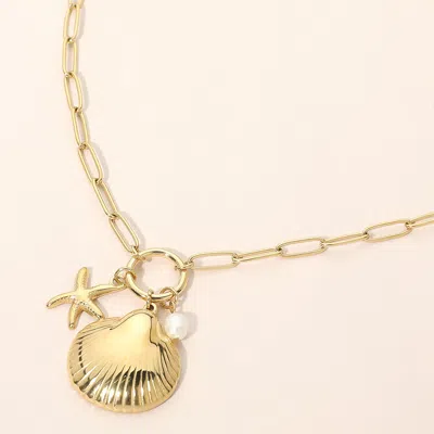 Fashnzfab Secret Box_stainless Steel Seashell Starfish Pearl Charm Toggle Pendant Paperclip Chain Necklace In Yellow