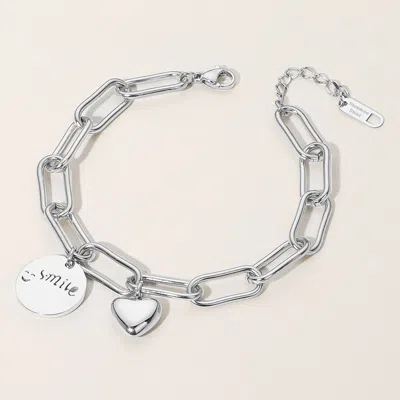 Fashnzfab Secret Box_stainless Steel Smile Engraved Disc Heart Charm Paperclip Chain Bracelet Rhodium In Multi
