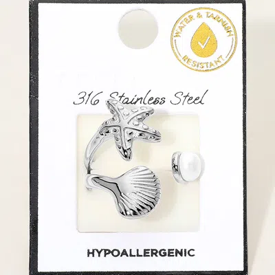 Fashnzfab Secret Box_stainless Steel Starfish Seashell Pearl Accent Wrap Adjustable Ring In Silver