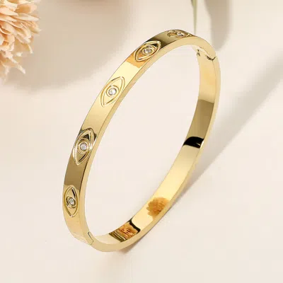 Fashnzfab Secret Box_stainless Steel Stone Accent Evil Eye Engraved Hinged Bangle Bracelet In Gold