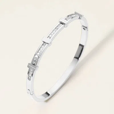 Fashnzfab Secret Box_stainless Steel Stone Inlay Sleek Hinged Bangle Bracelet In Metallic