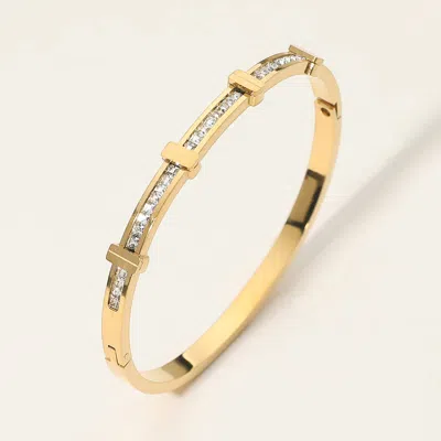 Fashnzfab Secret Box_stainless Steel Stone Inlay Sleek Hinged Bangle Bracelet In Silver