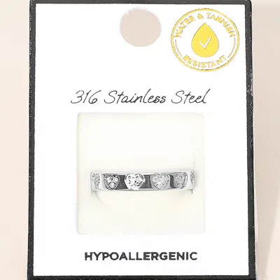 Fashnzfab Secret Box_stainless Steel Stone Pave Heart Around Band Ring In Silver