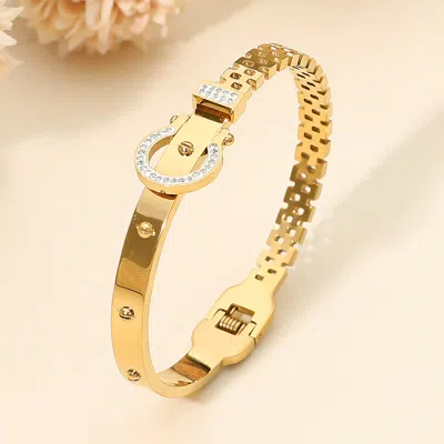 Fashnzfab Secret Box_stainless Steel Stone Paved Horseshoe Buckle Accent Hinged Bangle Bracelet In Gold