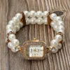 Fashnzfab Secret Box_stainless Steel Stone Paved Rim Rectangular Bezel Pearl Beaded Stretch Bracelet Watch Gol In Gold