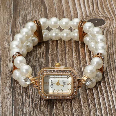 Fashnzfab Secret Box_stainless Steel Stone Paved Rim Rectangular Bezel Pearl Beaded Stretch Bracelet Watch Gol In Gold