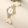 Fashnzfab Secret Box_stainless Steel Stretchable Pearl Strap Rhinestone Paved Rim Quartz Watch Gold In Gold