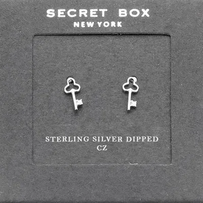 Fashnzfab Secret Box_sterling Silver Dipped Cz Clover Key Stud Earrings - Silver