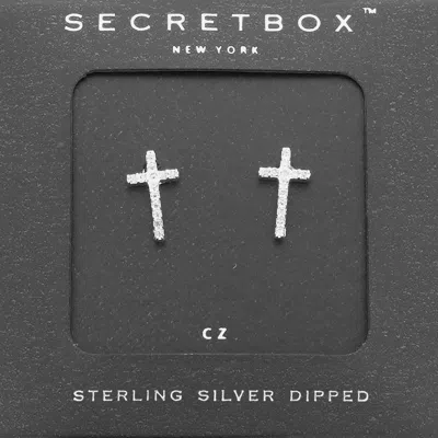 Fashnzfab Secret Box_sterling Silver Dipped Cz Cross Stud Earrings In White