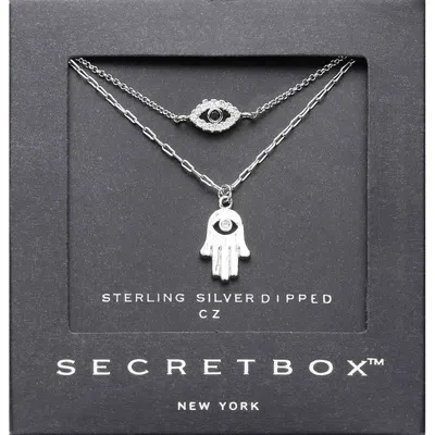 Fashnzfab Secret Box_sterling Silver Dipped Cz Stone Paved Hamsa Hand Evil Eye Pointed Pendant Layered Necklac In White