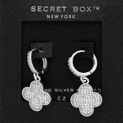 Fashnzfab Secret Box_sterling Silver Dipped Cz Stone Paved Quatrefoil Dangle Huggie Hoop Earrings