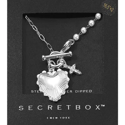 Fashnzfab Secret Box_sterling Silver Dipped Heart Stone Paved Cross Charm Half Pearl Chain Toggle Necklace In Metallic