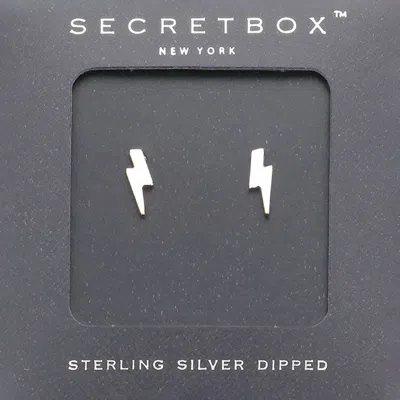 Fashnzfab Secret Box_sterling Silver Dipped Lightning Bolt Stud Earrings - White Gold