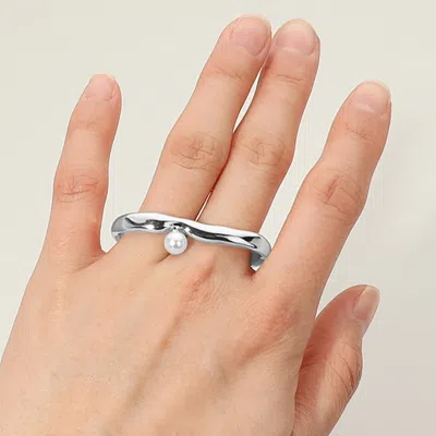 Fashnzfab Secret Box_sterling Silver Dipped Pearl Pointed Two Finger Ring - Rhodium In Metallic