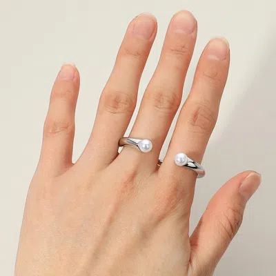 Fashnzfab Secret Box_sterling Silver Dipped Pearl Tip Two Finger Ring - Rhodium In Metallic