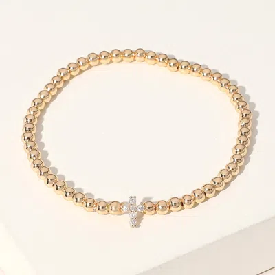 Fashnzfab Secret Box_stone Paved Cross Brass Ball Beaded Stretch Bracelet Gold