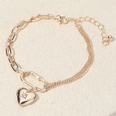 Fashnzfab Secret Box_stone Paved Heart Locket Carabiner Charm Half Paper Clip Chain Bracelet Gold