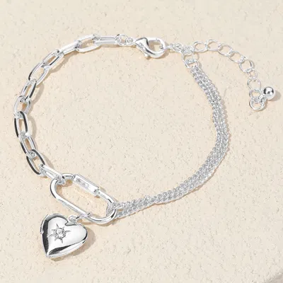 Fashnzfab Secret Box_stone Paved Heart Locket Carabiner Charm Half Paper Clip Chain Bracelet Rhodium In Multi