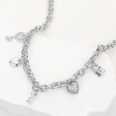 Fashnzfab Secret Box_stone Paved Key Heart Metal Lock Charm Station Chain Necklace In Silver