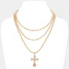 Fashnzfab Secret Box_stone Pointed Cross Pendant Bubble Chain Triple Layered Necklace In Gold