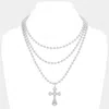 Fashnzfab Secret Box_stone Pointed Cross Pendant Bubble Chain Triple Layered Necklace In Metallic