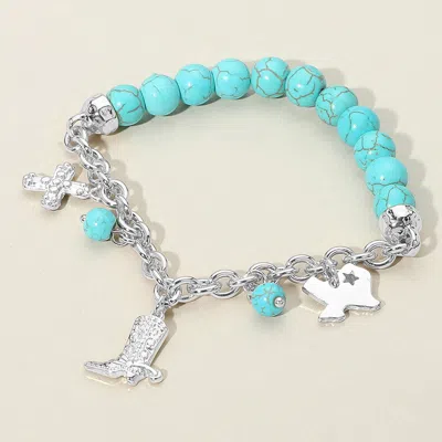 Fashnzfab Secret Box_western Boot Cross Texas Map Charm Station Turquoise Stone Beaded Stretch Bracelet Silver