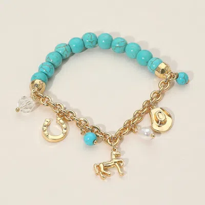 Fashnzfab Secret Box_western Horse Horse Shoe Cowboy Hat Pearl Charm Beaded Stretch Bracelet Gold In Blue