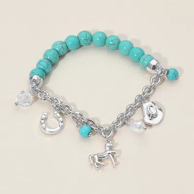 Fashnzfab Secret Box_western Horse Horse Shoe Cowboy Hat Pearl Charm Beaded Stretch Bracelet Silver In Blue