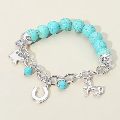 Fashnzfab Secret Box_western Horse Horseshoe Texas Map Charm Station Turquoise Stone Beaded Stretch Bracelet S In Silver