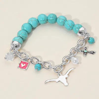 Fashnzfab Secret Box_western Steer Head Cross Heart Pearl Charm Beaded Stretch Bracelet Silver