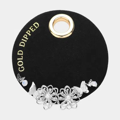 Fashnzfab Secret Box_white Gold Dipped Butterfly Pearl Pointed Flower 3pairs Stud Earrings In Brown