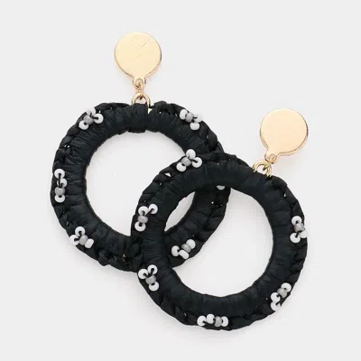 Fashnzfab Seed Bead Embellished Raffia Open Circle Dangle Earrings In Black