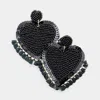 Fashnzfab Seed Bead Heart Tassel Trim Earrings - Black In Black